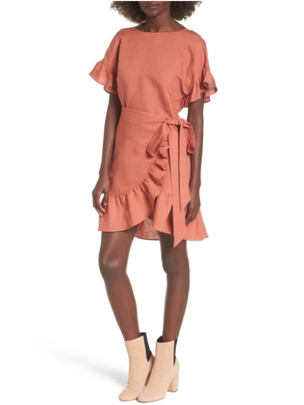 ASTR the Label Linen Blend Ruffle Wrap Mini Dress in Terracotta